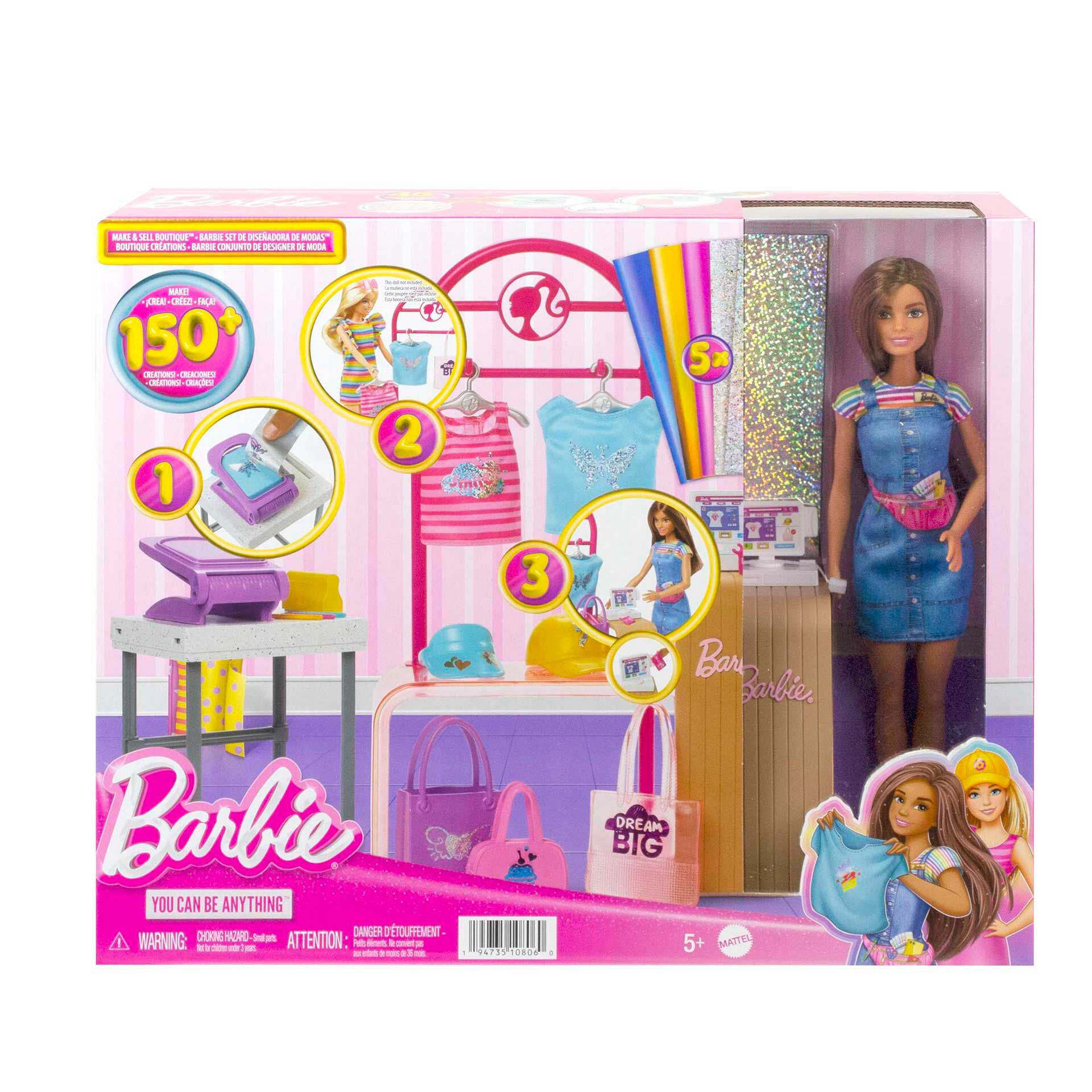 Barbie Boutique Diseña y vende Muñeca morena con tienda de ropa personalizable y accesorios, juguete